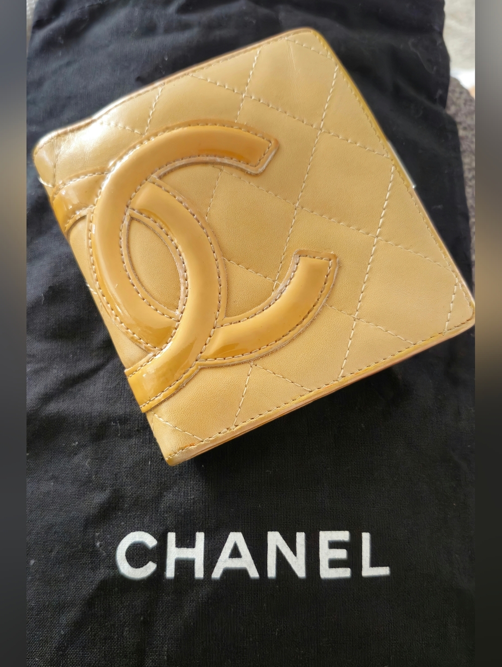 CHANEL Pale Yellow Quilted Patent Mini wallet with CC Appliqué